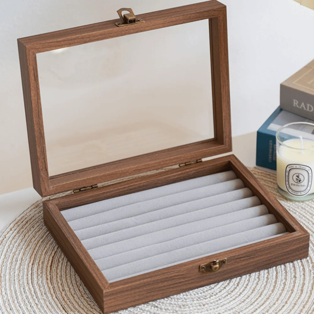Convenient Elegant Wood Jewelry Box Velvet Glass Lid Earrings Display Tray Storage Box Dust-proof Ring Display Holder Store