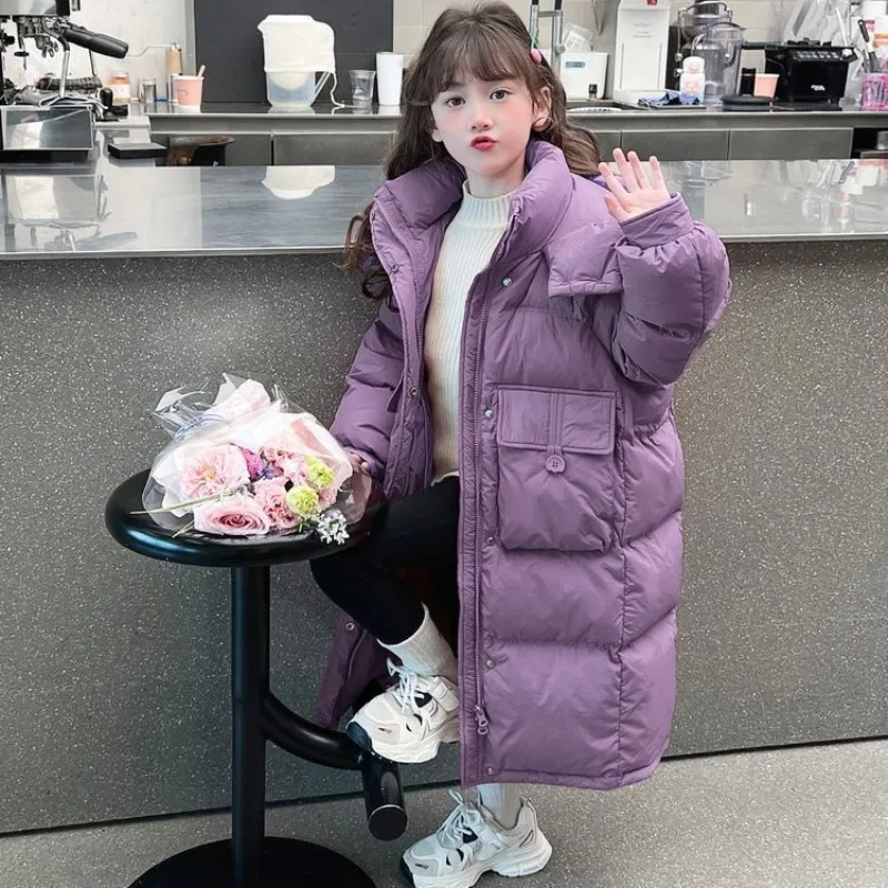Big Size Teenager Winter Keep Warm Girls Jacket Letter Long Style Hooded Windbreaker Coat for Kids Children Christmas Outerwear