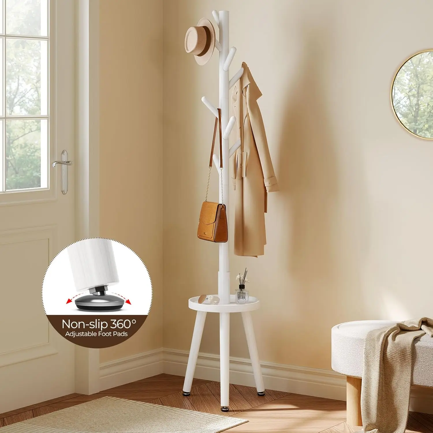 Coat Rack with 8 Hooks, Wooden Coat Rack Freestanding with Shelf,  Tree with 4 Height Options 50.5