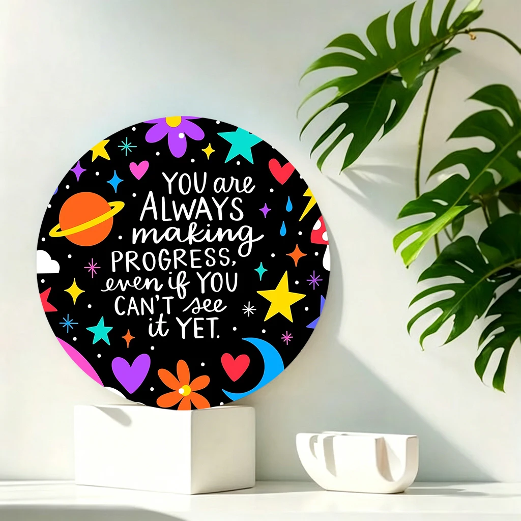 JIT Letrero de metal redondo con estampado de corazón de planeta espacial negro y cita positiva, decoración de pared, construcción ultraligera, este letrero de metal vibrante se adapta a dormitorios y salas de estar para exhibir en la pared a diario, opción de regalo perfecta para todos los miembros de la familia.