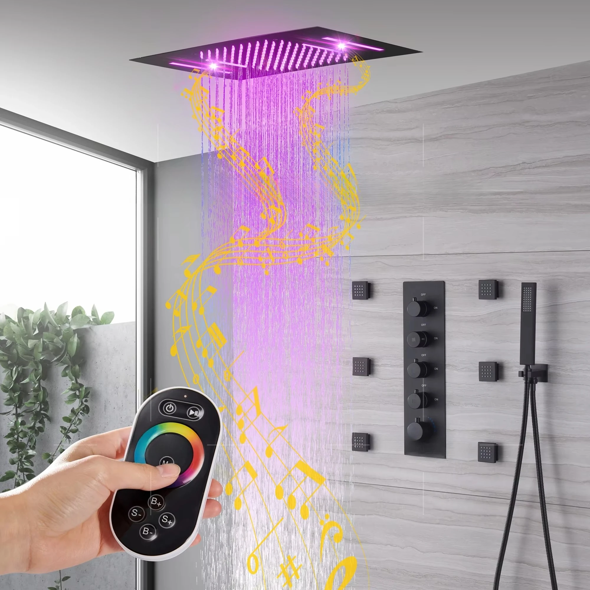 Bathroom Led Rainfall Shower Set 380*580mm Embed Ceiling Rain Showerhead Set Thermostatic Diverter Valve With Massage Body Jets