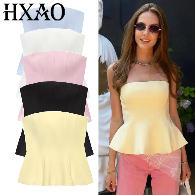 

HXAO Corset Crop Top Women Strapless Yellow Tank Top Summer Backless Pink Tube Tops Party Bustier Sleeveless Black White Top