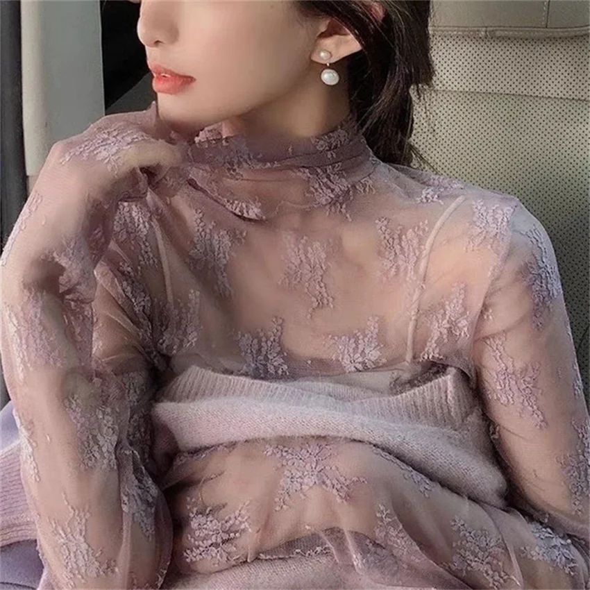 

2025 New Fashion Women Long Sleeve Lace Blouse Elegant Lady Mesh Blousas Pile Collar Shirt Tops Pullovers Fairy Bottomings W2491