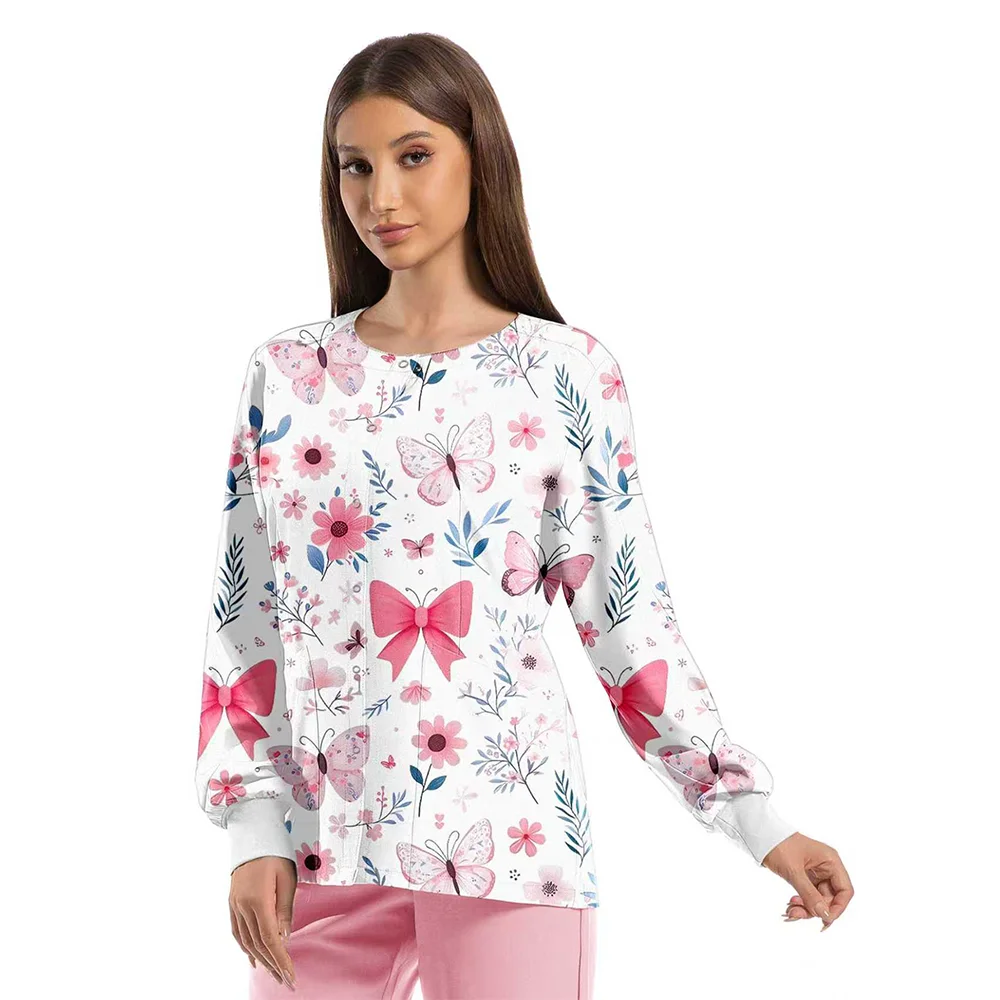 캐주얼 의료용 스크럽 재킷 유니폼 부드럽고 편안한 폴리에스터 스판덱스 긴 소매 싱글 브레스티드 프린트 치과 의사 재킷