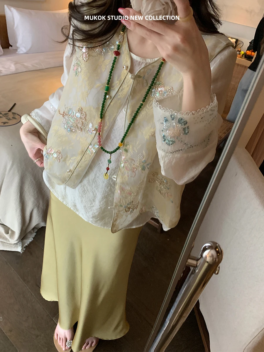 

MUKOK Chinese Style Sequin Long Sleeve Women's T-Shirt Set Fashionable Base Layer Top And Vest Two-Piece Set Summer Outfit