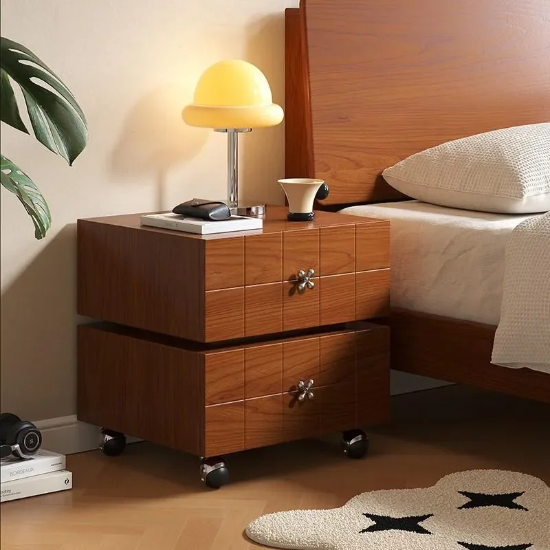 for Rotatable Bedside Table Solid Wood Creative Antique Cabinet with Drawer Storage for Bedroom Nightstand Furniture
