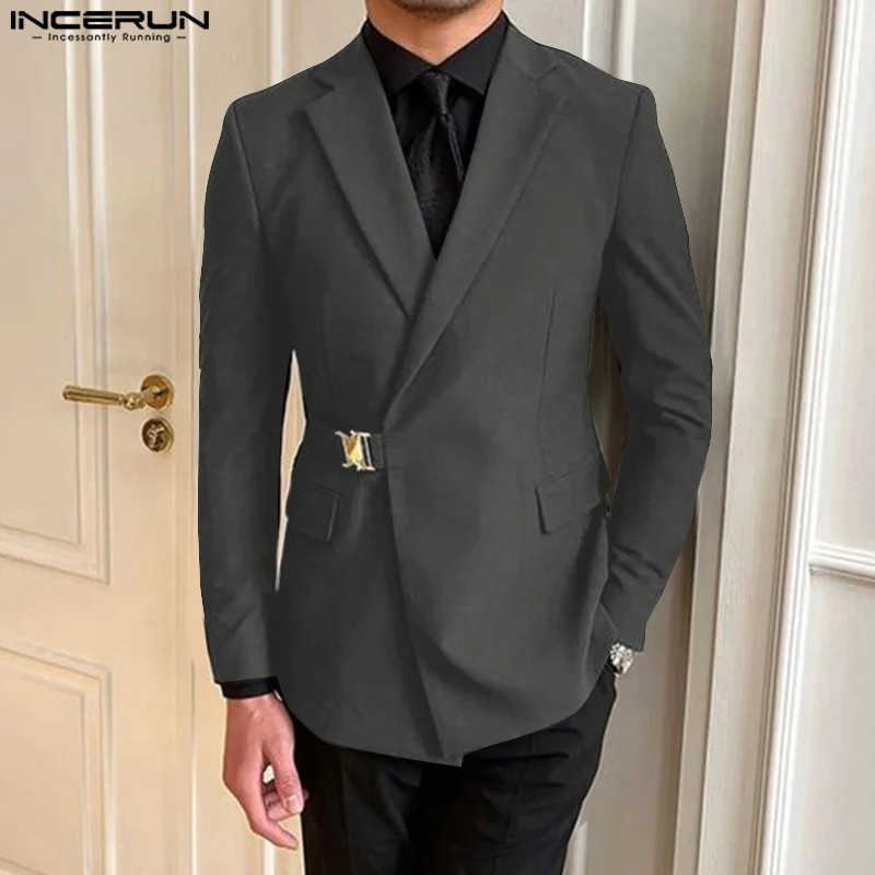 INCERUN Tops 2024 Korean Style Fashion Men's Double Pocket Metal Buckle Design Suit Coat Casual Solid Simple Long Sleeved Blazer