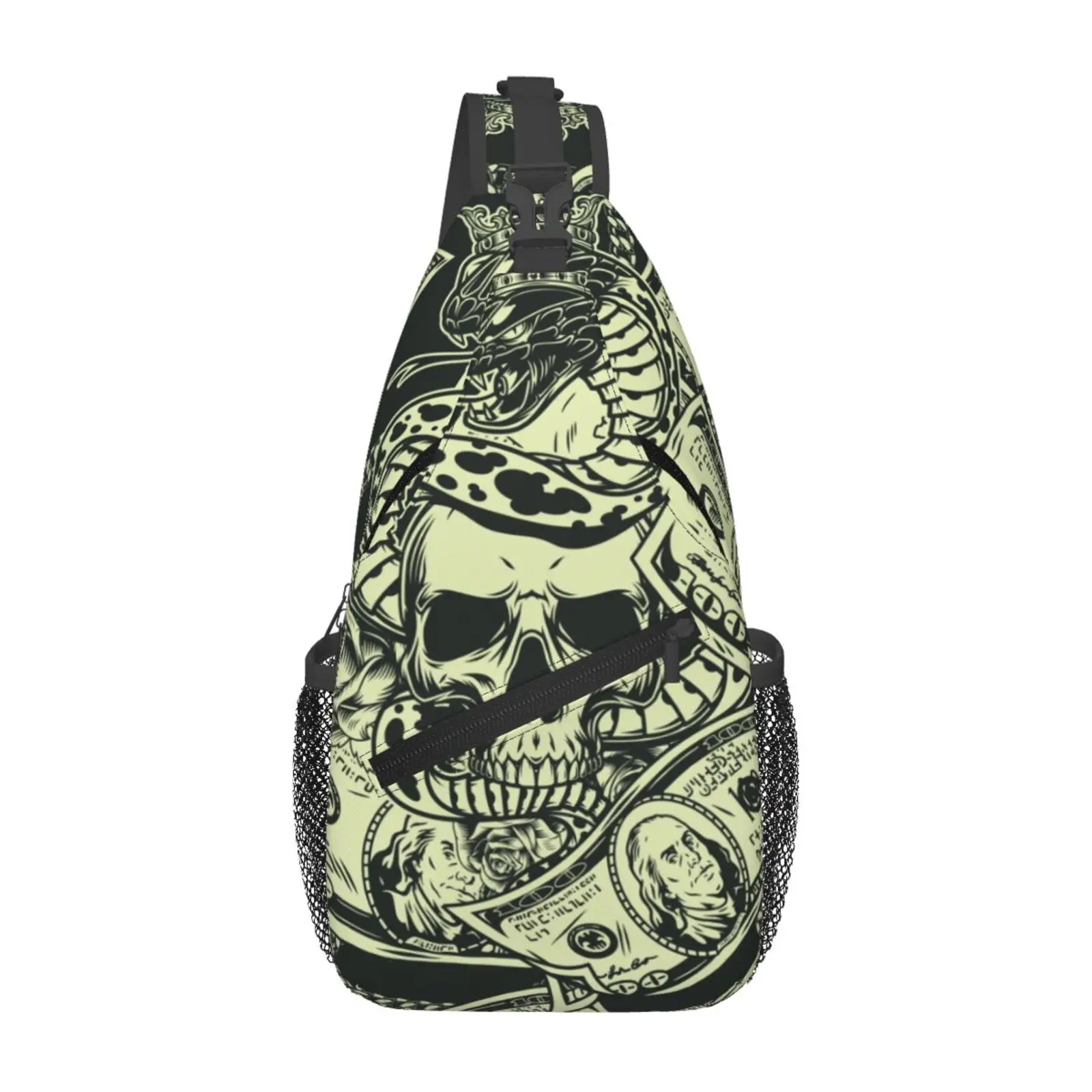 US Bill Dollars Skull Print Sling Backpack Chest Bag Waterproof Crossbody Travel Hiking Daypack for Women Men Shoulder Bag