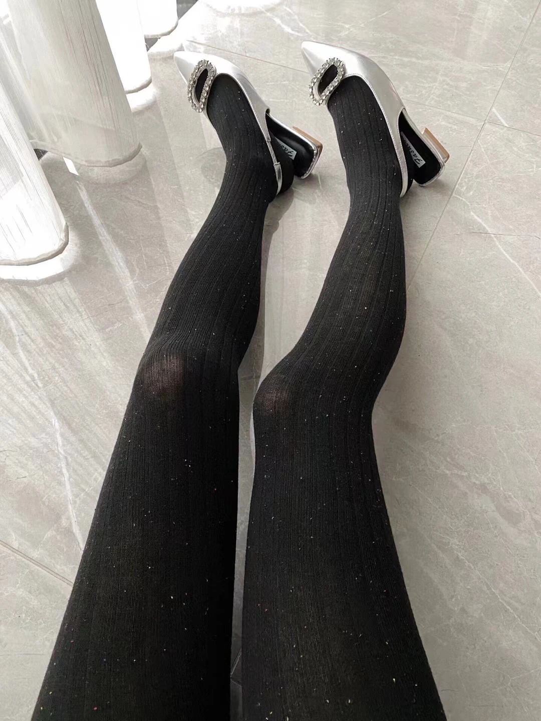 Women Spring Pantyhose Black White Grey Solid Colors Fashion Wide Stripe Texture Knit  Legging Socks Outerwear Tights