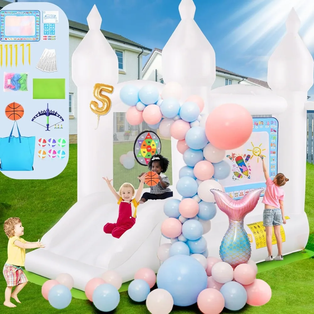 

White Bouce House for Toddler, Kids Bounce House Bounce Castle with Water Canvas,Basketball,Bar Dart & 108 Balloons, Bouncy Hous