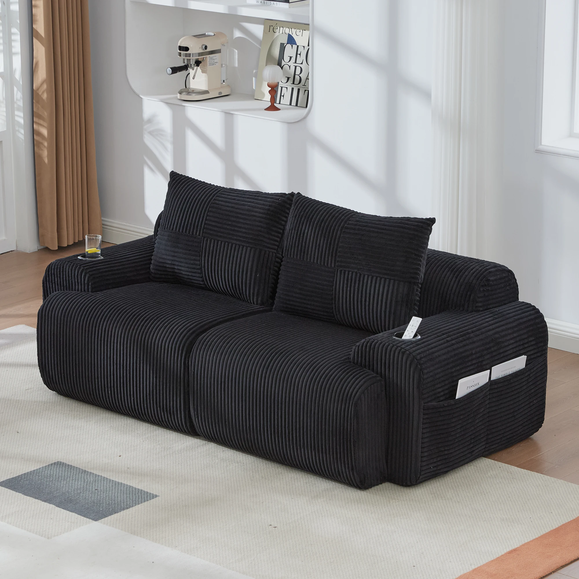 Canapé modulaire 2 places avec porte-gobelet et poche latérale, design ergonomique, velours côtelé noir 200 × 99 × 80 cm
