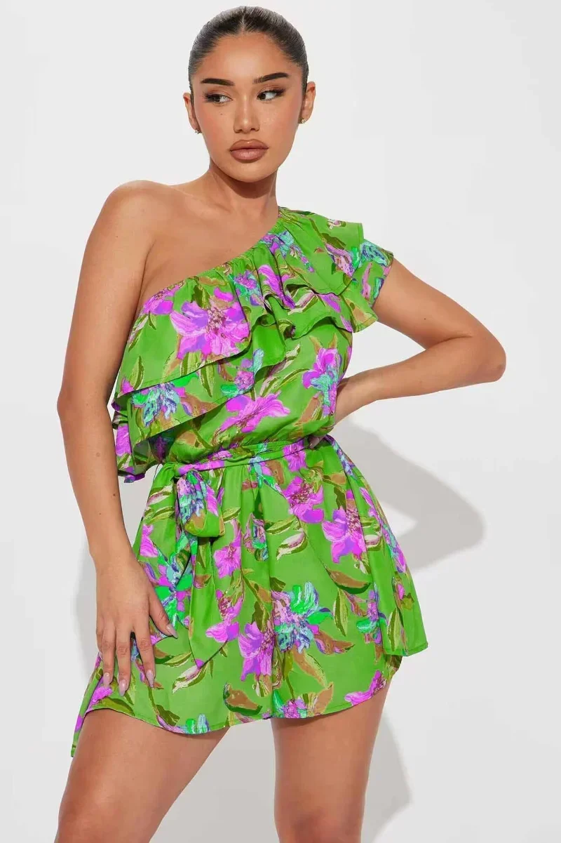 

KEXU Floral Ruffles One Shoulder Butterfly Sleeve Flare Romper Women Short Jumpsuit Summer Beach Boho Playsuit Streetwesr