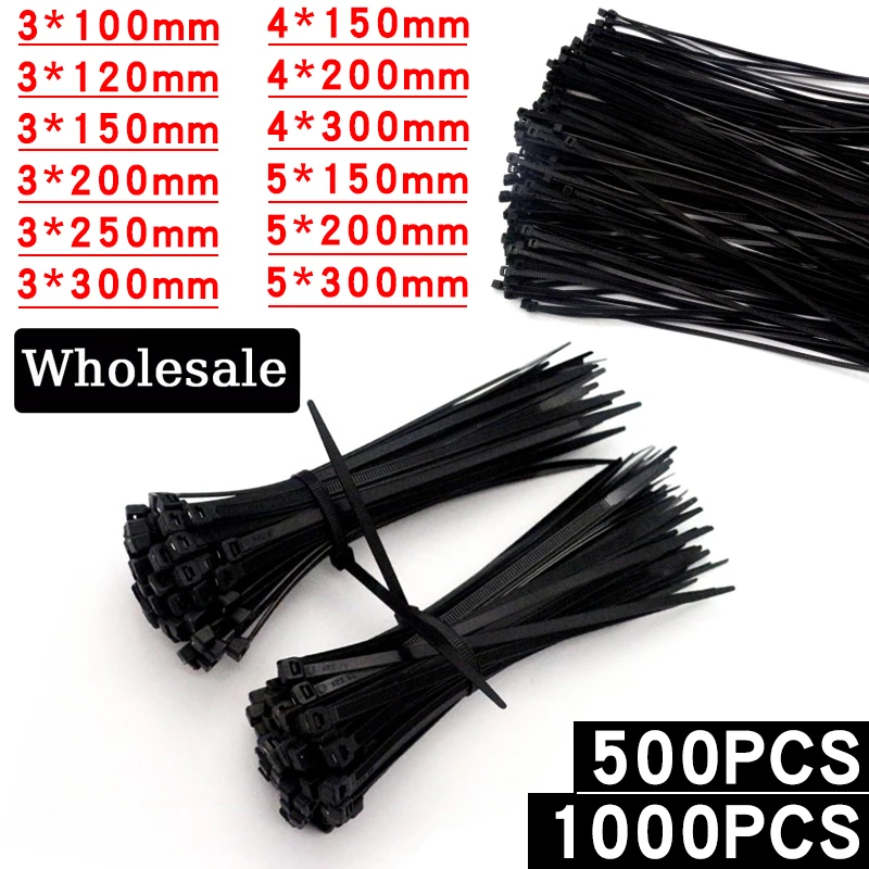 

500/1000PCS Self-locking Plastic Nylon Tie Black Zip Wraps Strap Nylon Cable Tie Set Fastening Ring Loop Wire Wrap