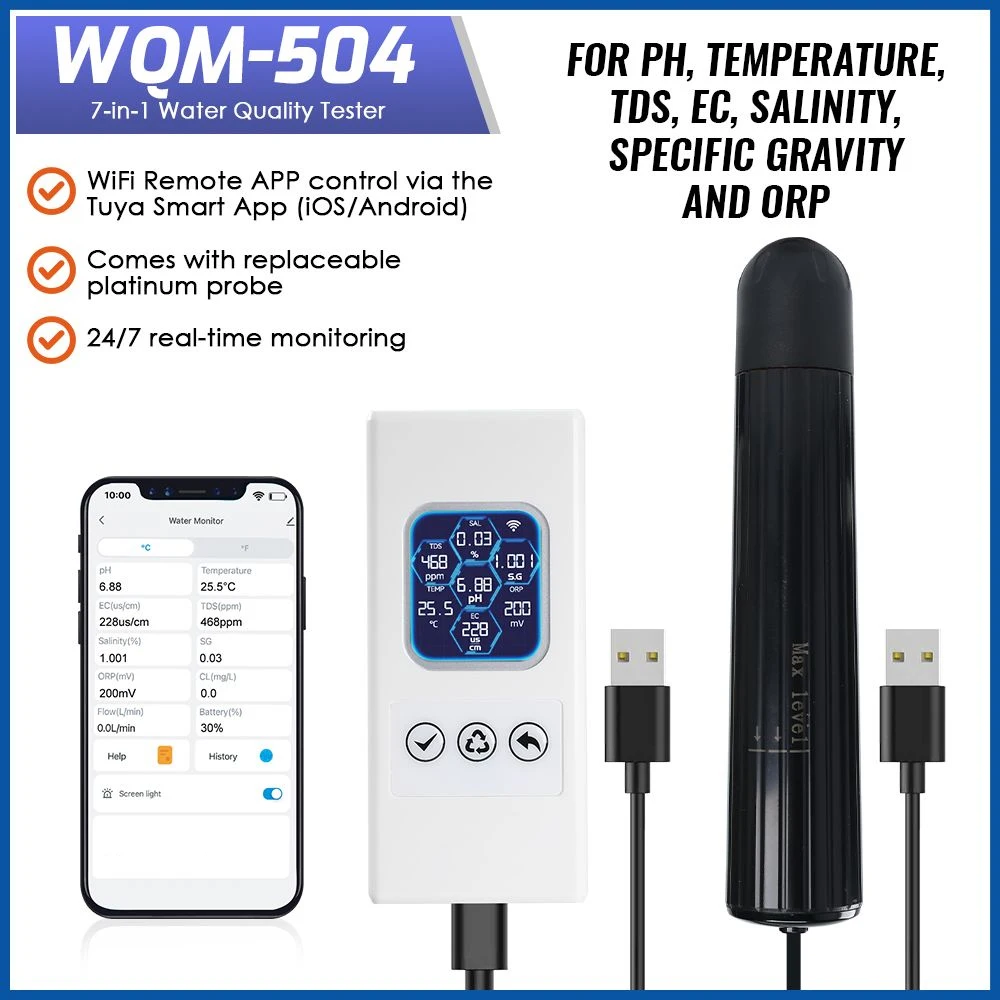 7-in-1 Smart Aquarium Water Monitor Real-Time APP Alerts with Replaceable Probe PH TDS Temperature EC Salinity SG ORP