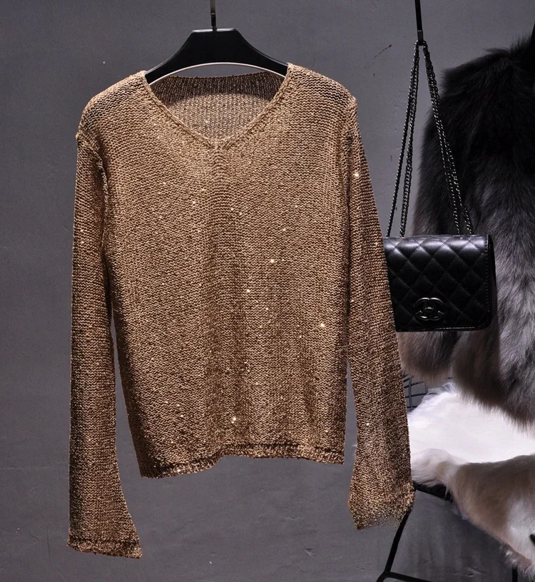 ja Sparkling Hollow out Knitted Sweater V-Ne Bell Sve Top Women's Faion Ele Commute Sle Thin Long Sve