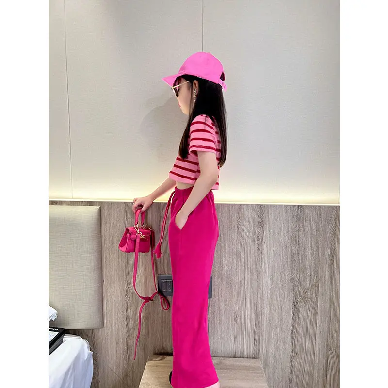 2024 summer Kids Girls Clothes Children Sets short striped crop top T-shirts + Wide Leg straight Pants Teenager 4 8 10 12 Years