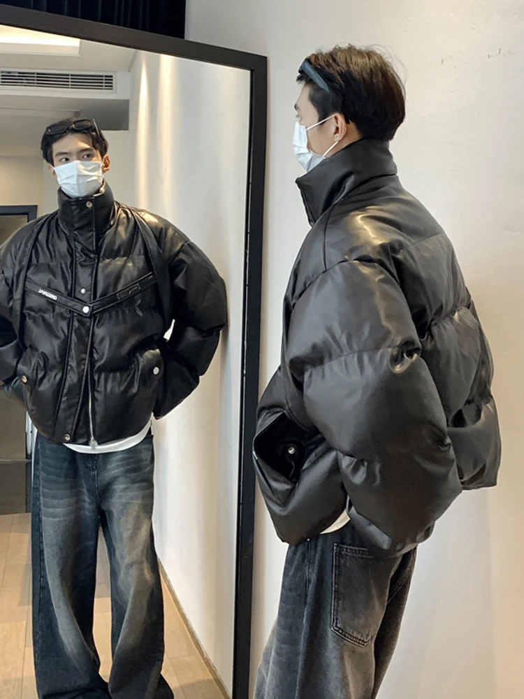 

Black PU Leather Deconstructed Design Cotton Jacket Men's Winter CleanFit Stand Collar Metal Belted Bread Style Thickened Wat...