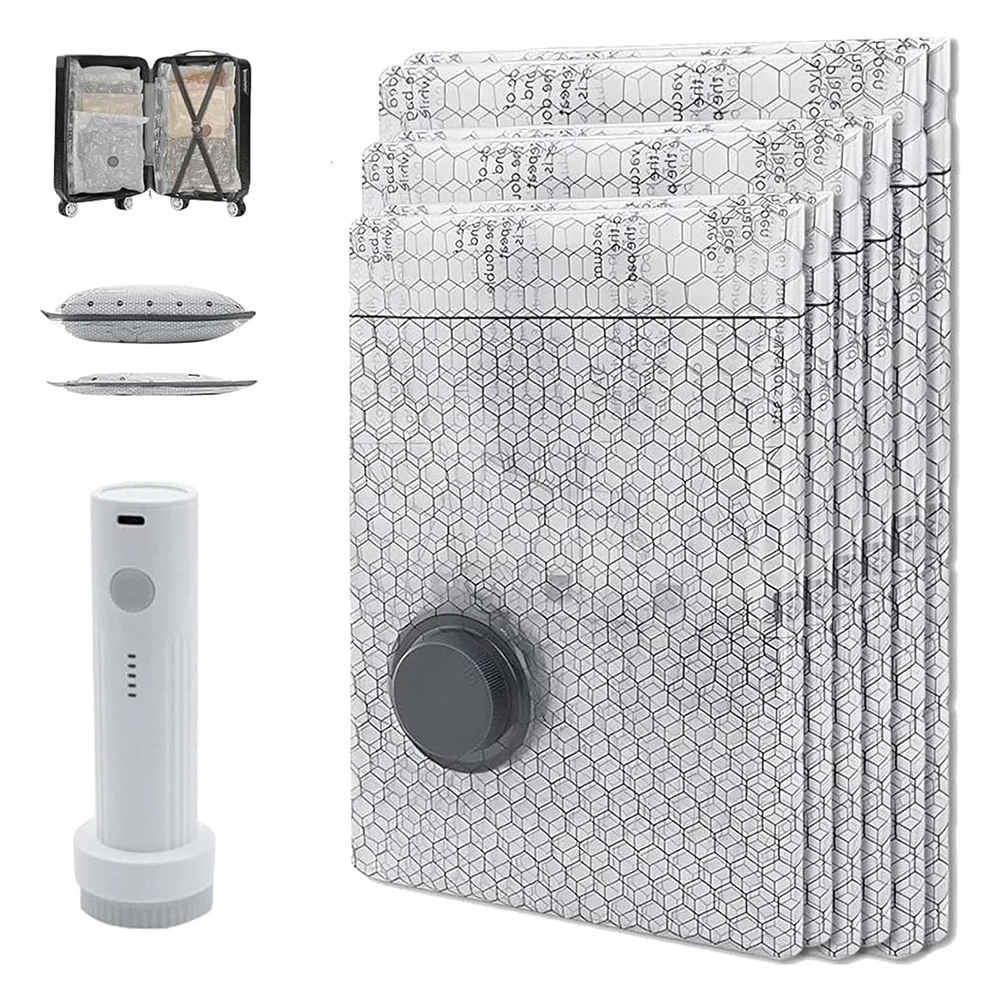 Compact Cordless Travel Vacuum Bag Set with Rechargeable Pump for Compressing Clothes and Saving Space in Luggage