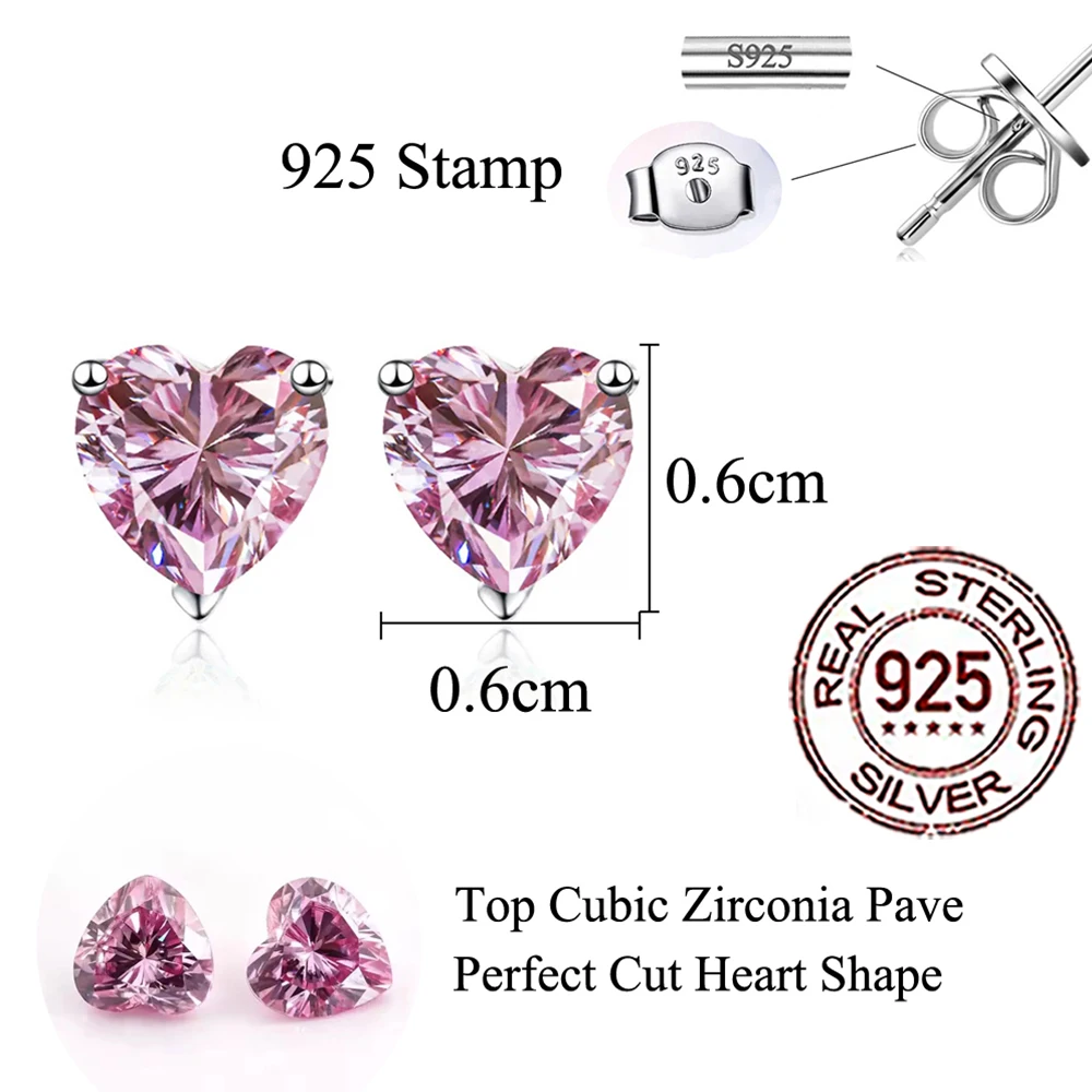 CWWZircons Sterling Silver 925 Romantic Pink CZ Love Heart Shape Stud Earrings for Women Party Fine Jewelry Festive Gifts SE106