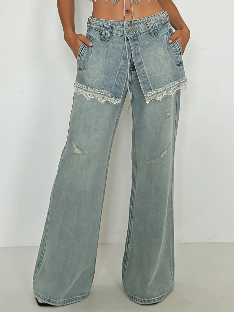 PBAP Wrap Skirt Woman Baggy Jeans Lace Trim Vintage Washed Fake Two-piece Pockets High Waist Straight Pants Korean Retro Clothes