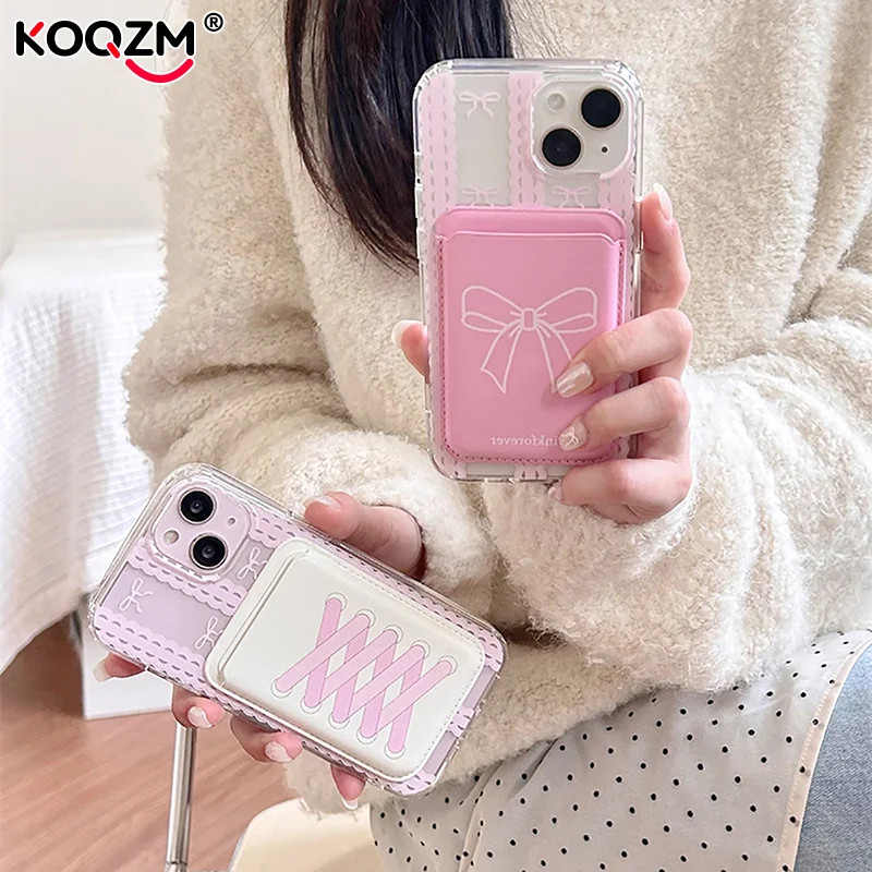 INS coreano lindo arco para Magsafe tarjeta magnética Clip funda de teléfono para iPhone 15 Pro Max cartera magnética tarjetero accesorios de teléfono