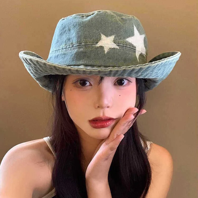 Wide Brim Cowboy Hat For Women Girl Soft Cotton Fordable Sunshade Fisherman Cap Outdoor Fishing Climbing Denim Hats