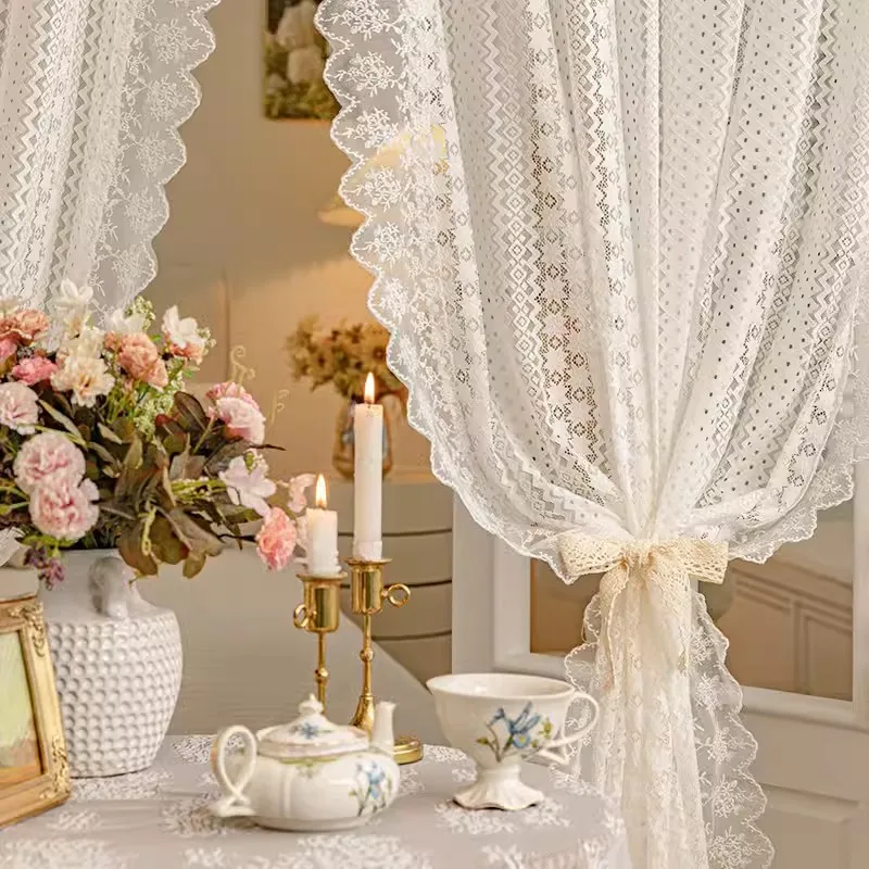 French Retro Lace Tulle Curtain For Bedroom Balcony American Pastoral White Lace Veil Sheer Panel Partition Door Drapes Custom