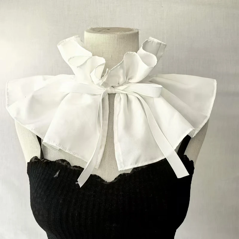 Women Mesh Puffy Tulle Ruffled Fake Collar Layered Black White Ribbon Neck Ruff Shawl Palace Costume Decorative Collar