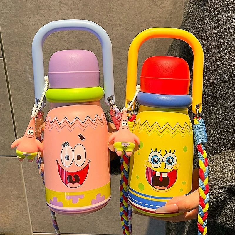 

Термос-кружка «Губка Боб» с трубочкой, портативная, новый стиль, креативная, милый подарок на день рождения, нишевый дизайн