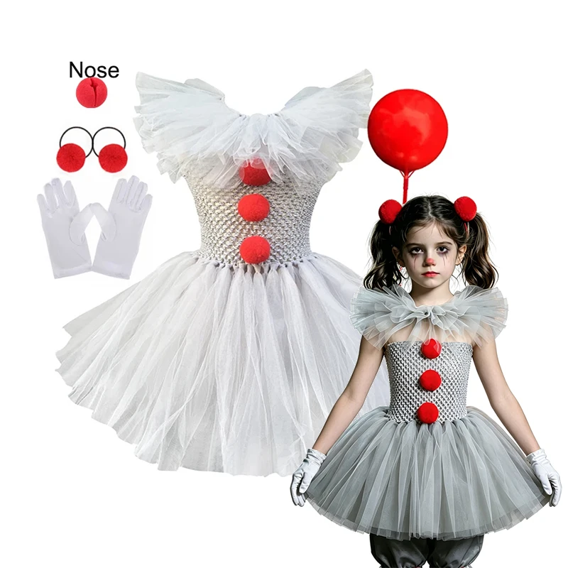 Girls Scary Horror Clown Sleeveless Ruffle Tulle Dress Full Accessories Halloween Masquerade Kids Cosplay Party Outfit