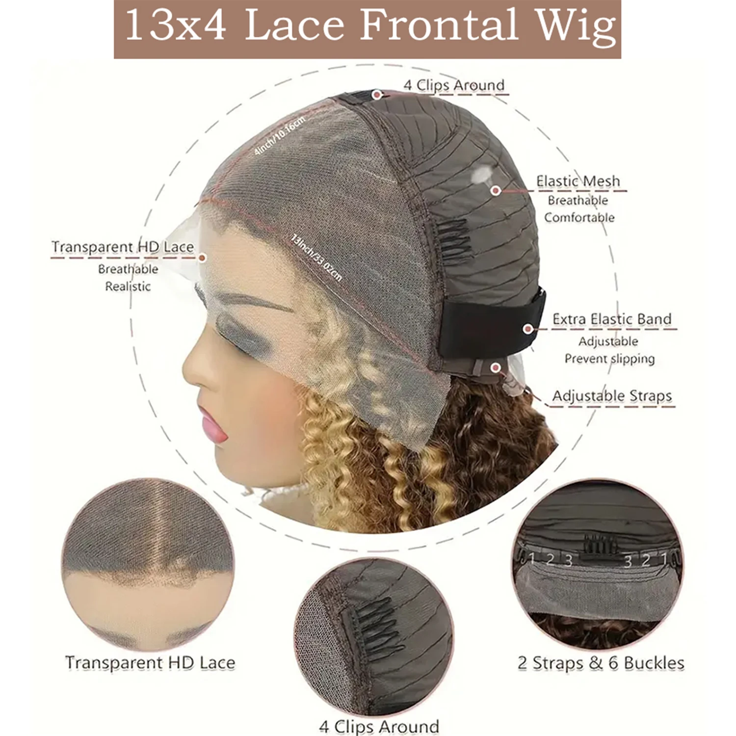 Parrucca anteriore in pizzo 13X4 da donna Parrucche per capelli umani ricci p4/27 Parrucca colorata Biondo miele Onda d'acqua Evidenzia parrucche ricce frontali Ombre