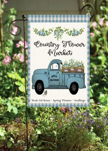 Country Flower Market Blue Truck Garden Flag    ~  Double Sided