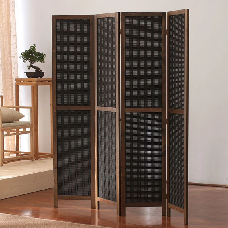 Chinese Style Antique Black Color Bamboo Screens Outdoor Solid Pine Wood Folding Partition Porch For Tea Room,Home,Office Decor