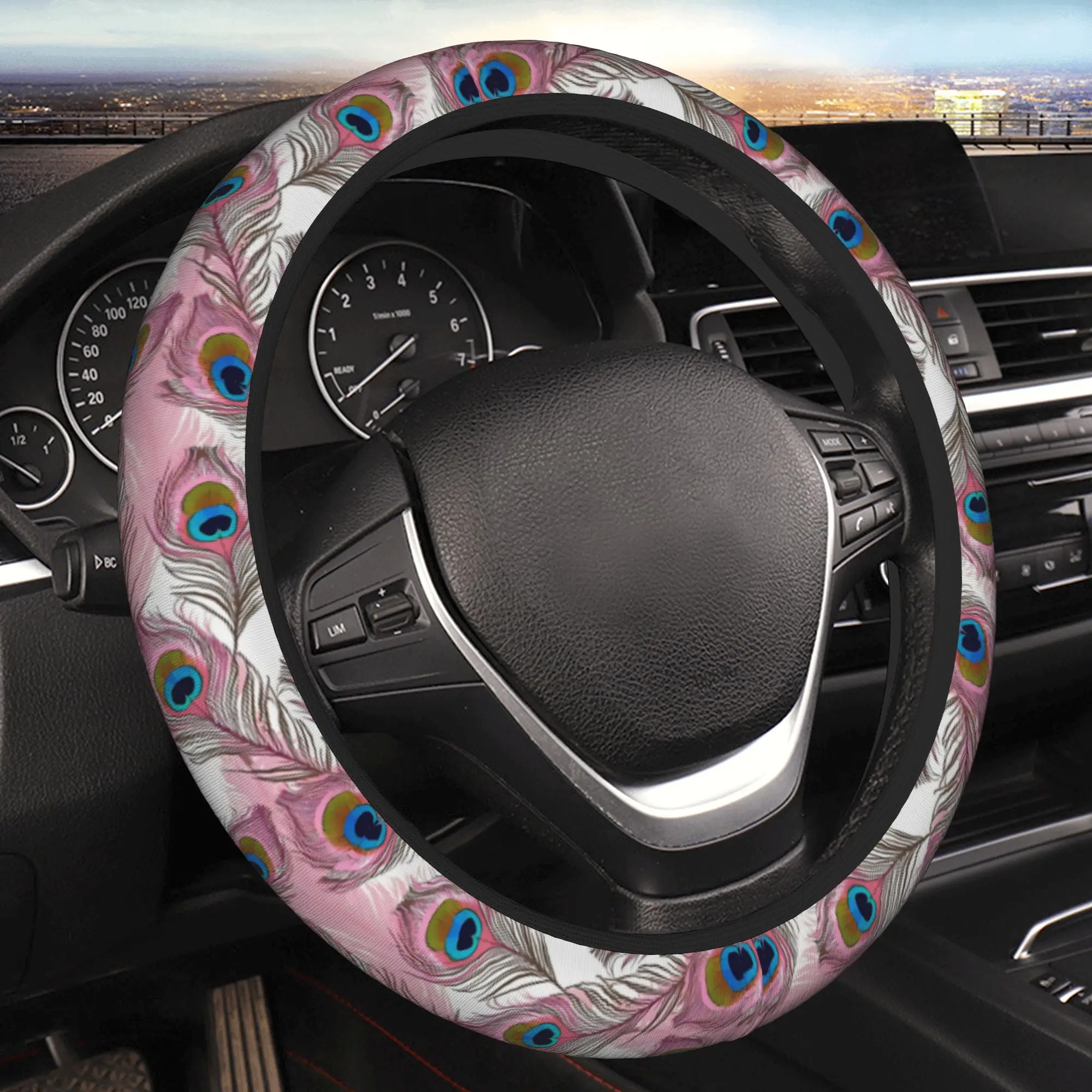 Bohemia Fashion Full Printed 1pc Peacock Pattern Steering Wheel Cover Universal Fit 14.5-15.0 Inch, Non-Slip