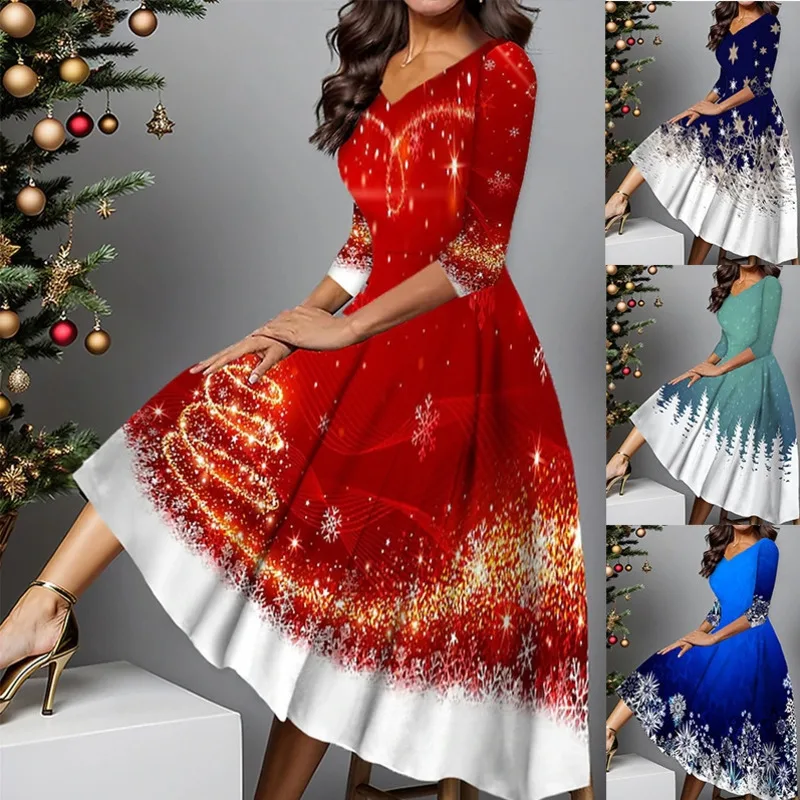 

Christmas Mini Dresses Women V-Neck Long Sleeve Swing Dress Holiday Eur Festive Print Outfit Xmas Party Wear A-line Dresses New