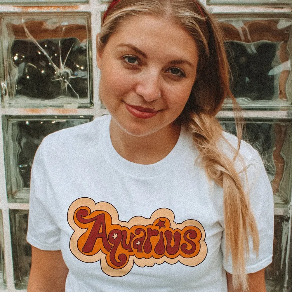 70S Inspired Aquarius Astrology T Shirt Retro White