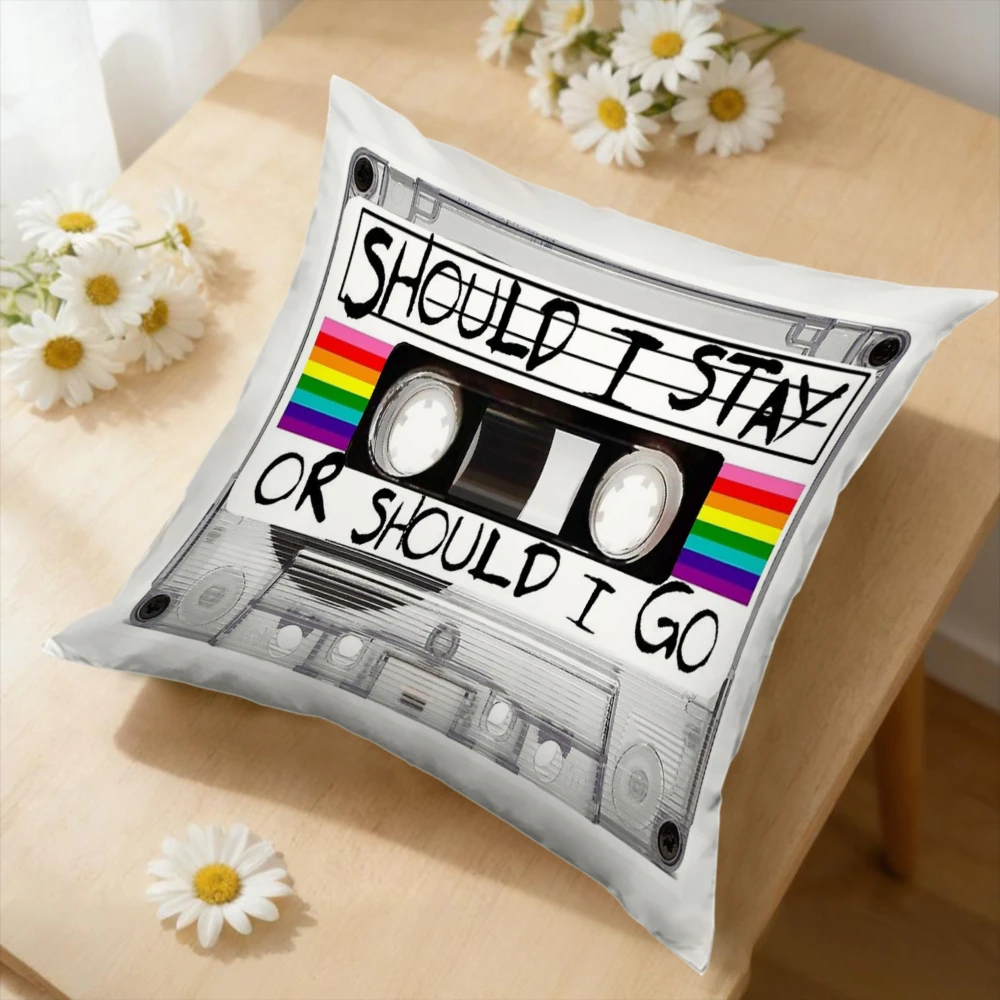 1Pc Retro Cassette Tape White Rainbow Should I Stay Or Should I Go Square Pillowcase Soft Zipper Closure