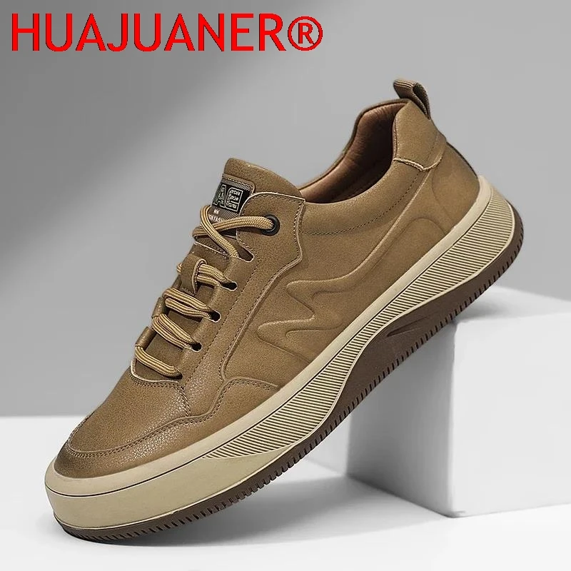 High Quality Men Leather Casual Shoes Luxury Brand Fashion Flat Designer Sneakers Handmade Lace-Up Flats All-match Skate Shoes
