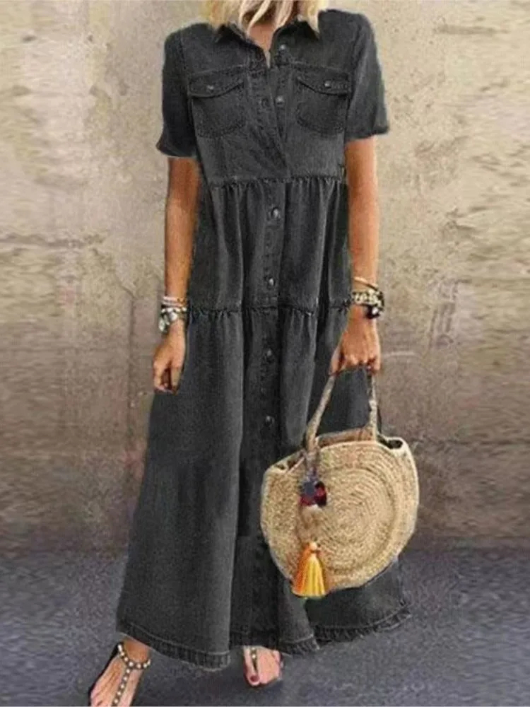 2024 Women\'s Spring Summer New Fashionable Cowboy Style Long Style Single Row Multi Button Vintage Short Sleeve Collar Dress