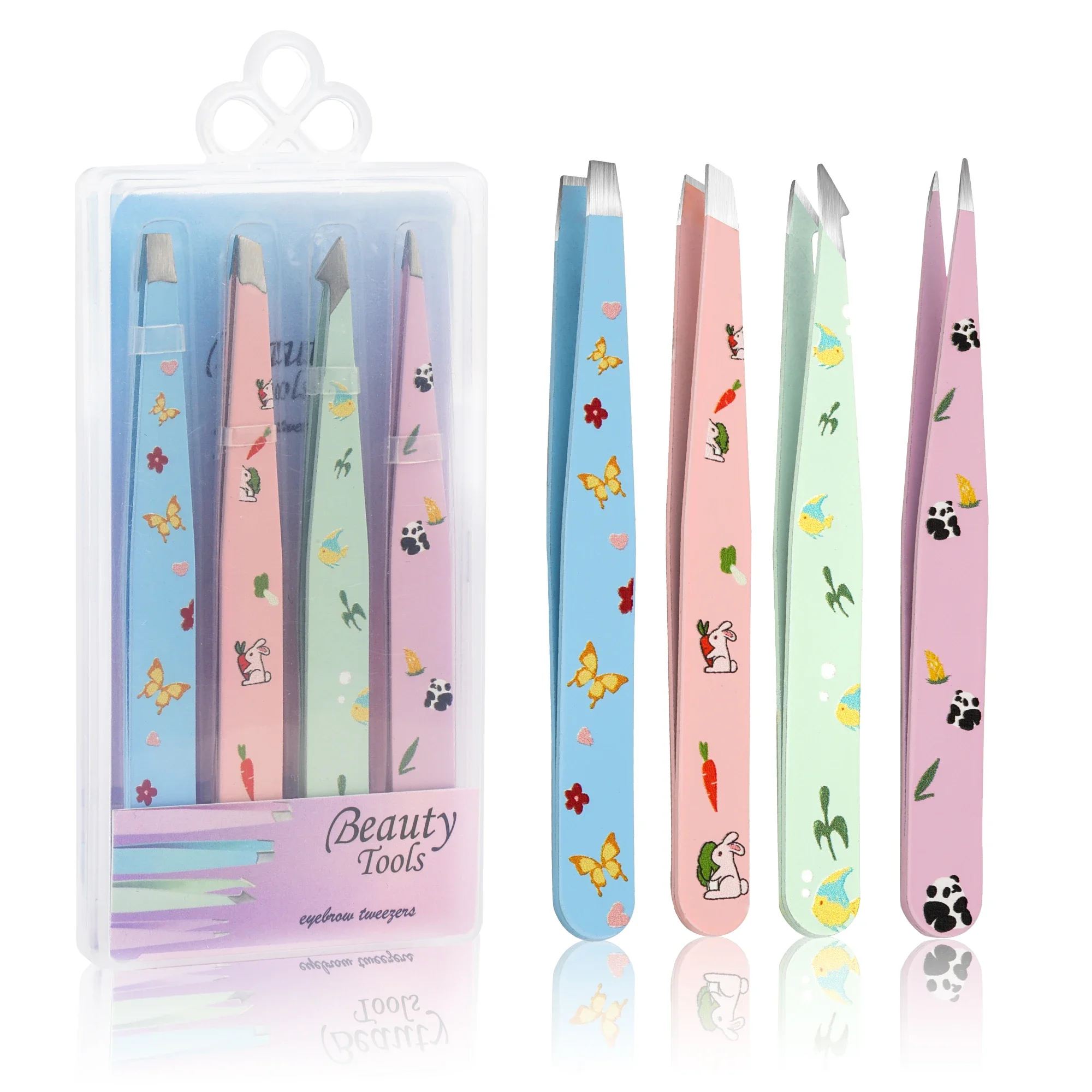 Gemerry-Pinzas de acero inoxidable para depilación profesional de cejas, pinzas para extensión de pestañas, maquillaje, belleza, Coloful, 4 piezas