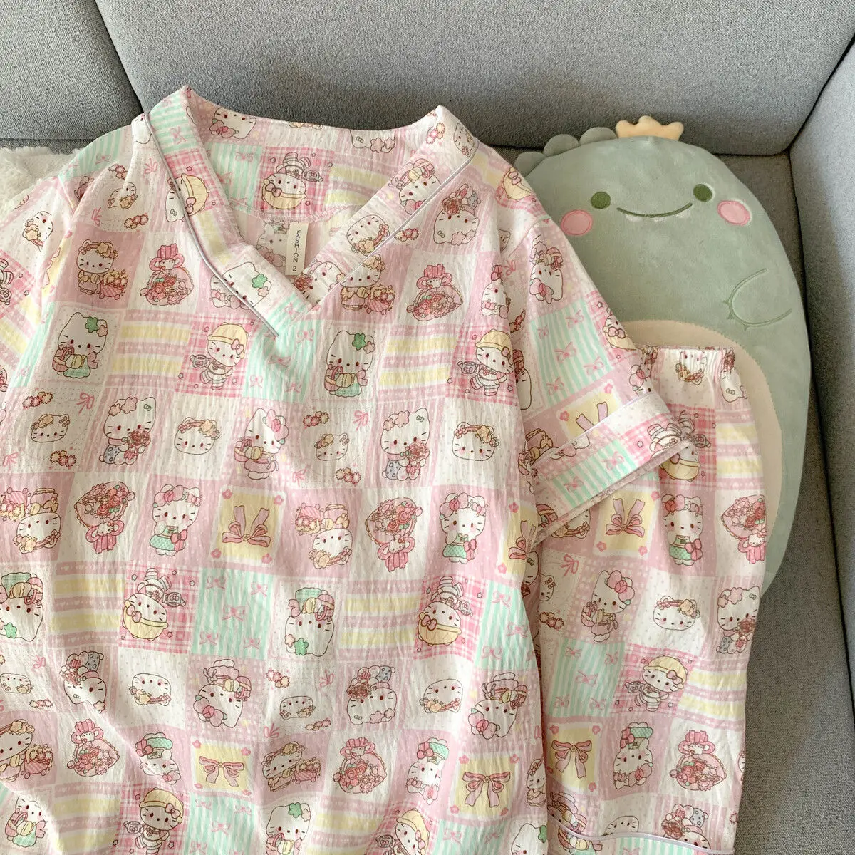 

2Pcs New Hello Kitty Short-Sleeved Shorts Set Sanrio Cartoon Cotton Breathable Comfortable Girls Pajamas Suit Women Homewear