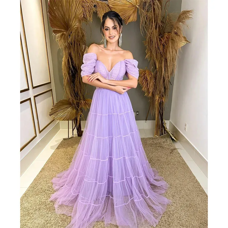 Classic Long Lilac V-Neck Tulle Evening Dresses A-Line Pleated Lace-Up Back Floor-Length Prom Dresses for Women 2024