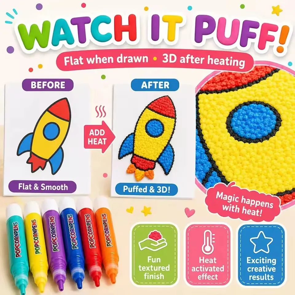 Puffy Popcorn Pen Set, Smooth Easy‑to‑Color 3D Art Marker Kit for Journal Craft, Notebook Greeting Card & Doodle Graffiti