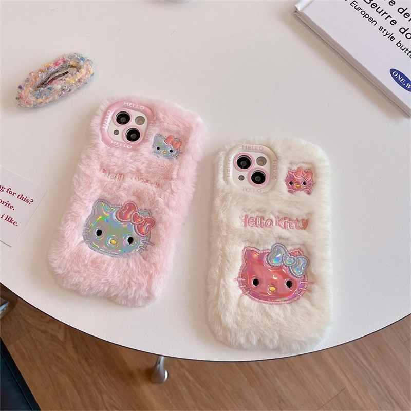 3D Hello Kitty Plush Phone Case For iPhone 16 Plus 15 Pro Max 14 13 12 Mini 11 Phone Case Warm Fur Kawaii So Cute Cartoon Cover