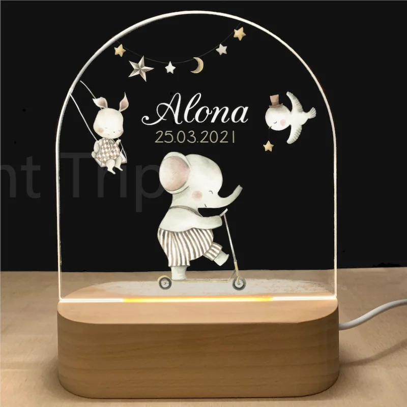 Veilleuse 3D personnalisée pour bébé, lampe à base de bois USB, lampe personnalisée avec prénom, lampe de table pour chambre d'enfant, cadeau de veilleuse animale