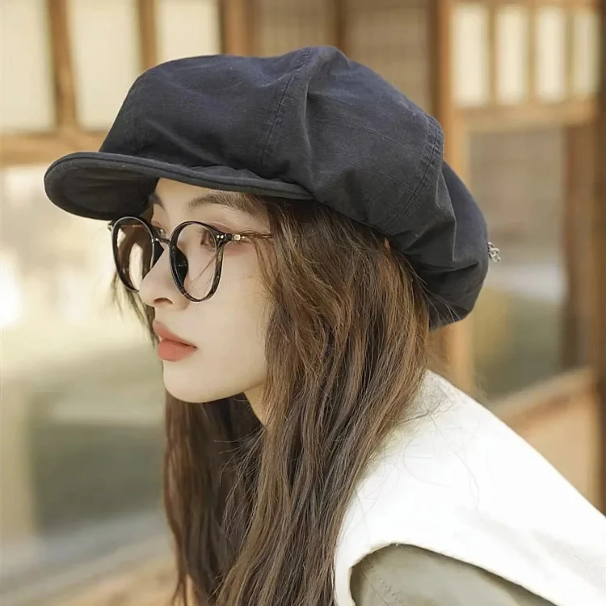 Japanese Simple Washed Cotton Solid Color Beret Women Spring and Summer Retro Literary Painter Newsboy Cloud Cap Gorras