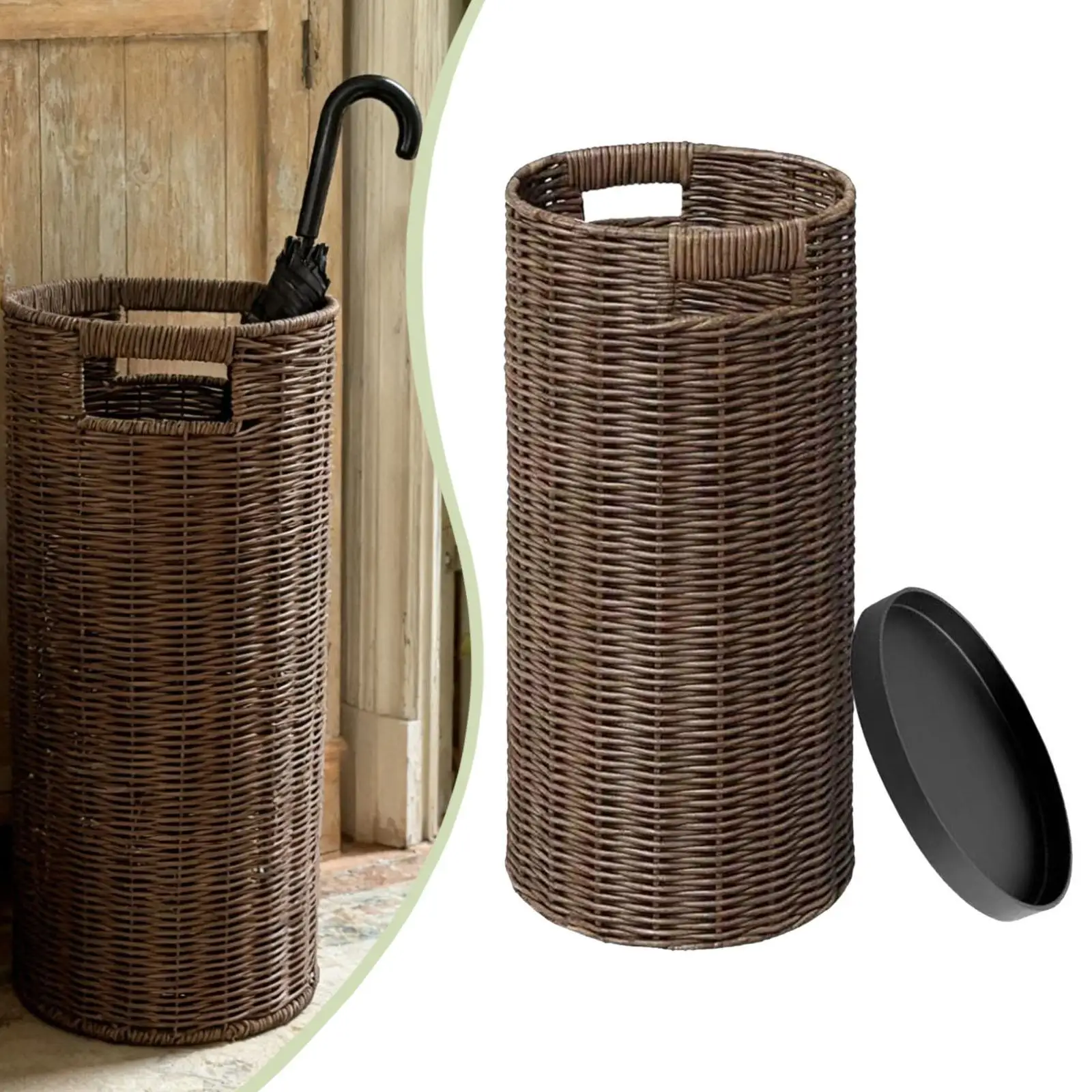 Entryway Umbrella Stand Modern Woven Basket Floor Draining Rack Organizer with Drip Tray for Dormitory Indoor Use
