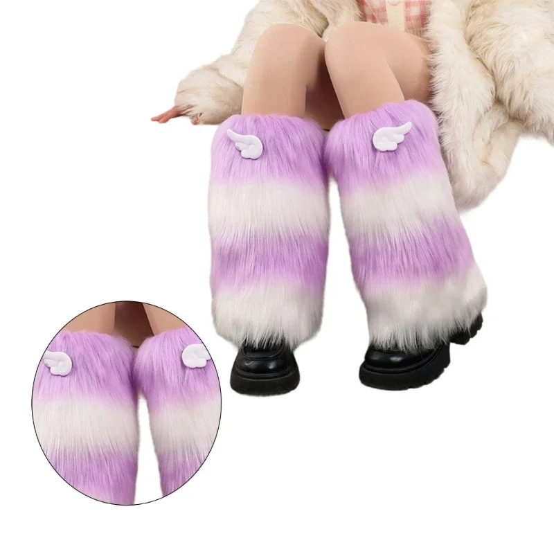 Women 3D Wing Leg Warmer Japanese Winter Colorblock Fuzzy Plush Boot Cuffs Wholesale