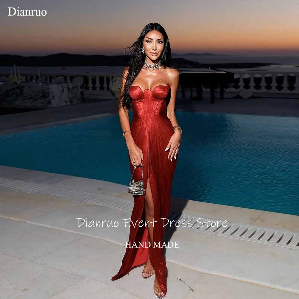 

Dianruo Pleated Floor Length Evening Dresses Red Sweetheart Neckline Prom Gowns High Slit Maxi Vestidos De Festa Customized