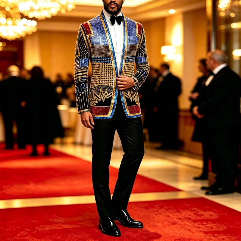 Men African Inspired Multicolor Sequin Blazer Shawl Lapel Gold Geometric Pattern Slim Fit Jacket Wedding Groom Tuxedo For Party Prom